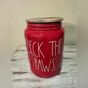 Rae Dunn DECK THE PAWS Dog Treats/Cookie Jar Style Red/White Letters Ceramic